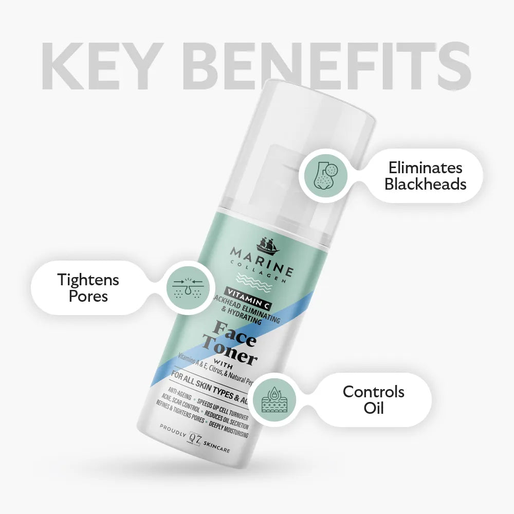 MARINE COLLAGEN Vitamin C, Blackhead Eliminating, & Hydrating Face Toner: with Vitamins A & E, Citrus, & Natural Peptides – 100ml