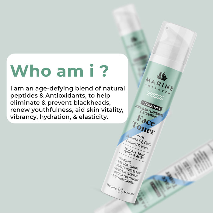MARINE COLLAGEN Vitamin C, Blackhead Eliminating, & Hydrating Face Toner: with Vitamins A & E, Citrus, & Natural Peptides – 100ml