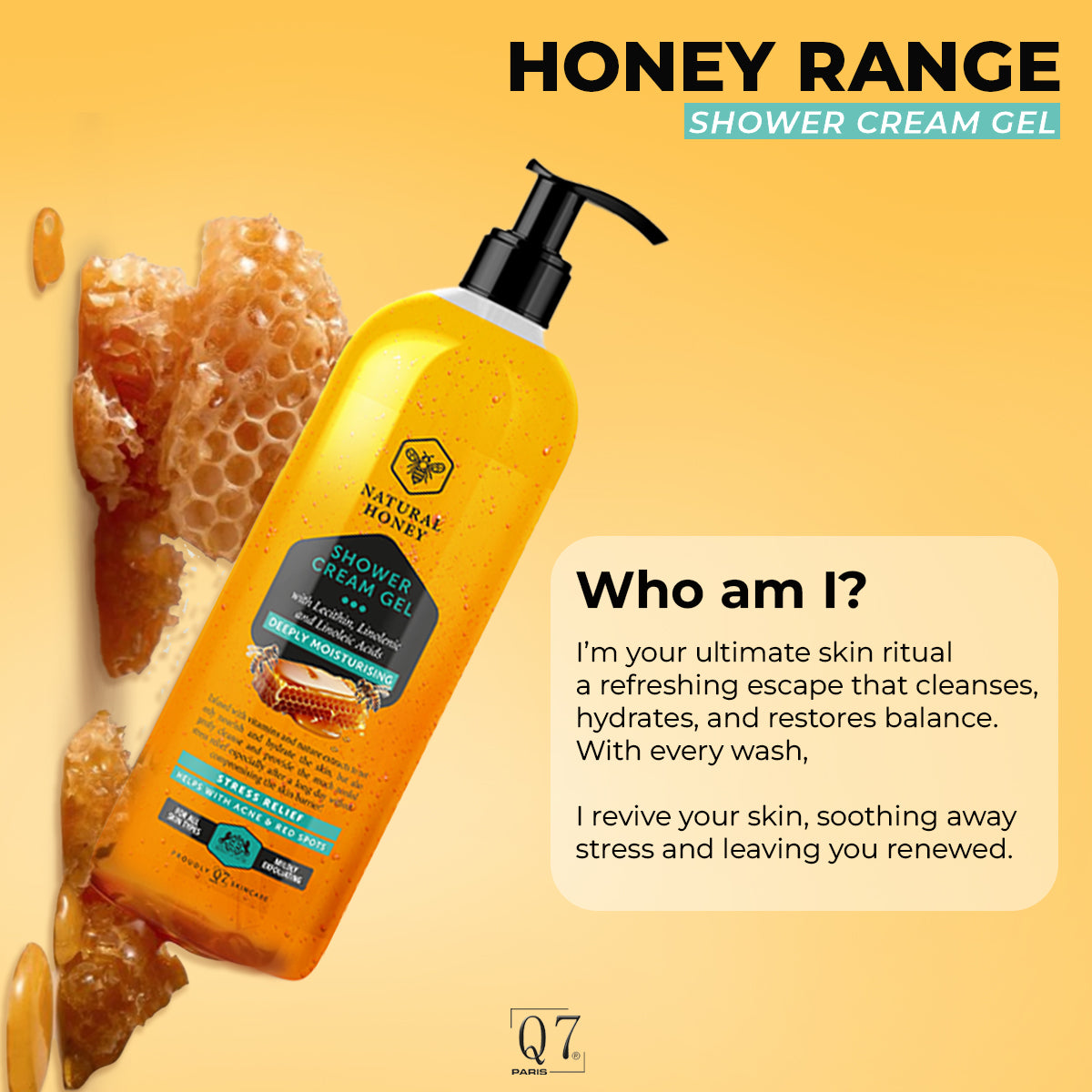 NATURAL HONEY Stress Relief, Deeply Moisturising Shower Cream Gel: with Lecithin, Linolenic and Linoleic Acids – 1000ml - Q7Paris Skincare