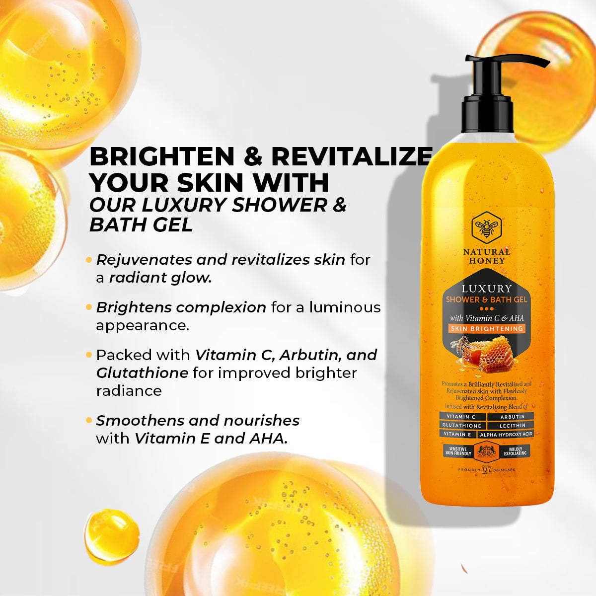 NATURAL HONEY  Vitamin C and AHA Skin  Brightening Luxury Shower and Bath Gel – 1000ml - Q7Paris Skincare