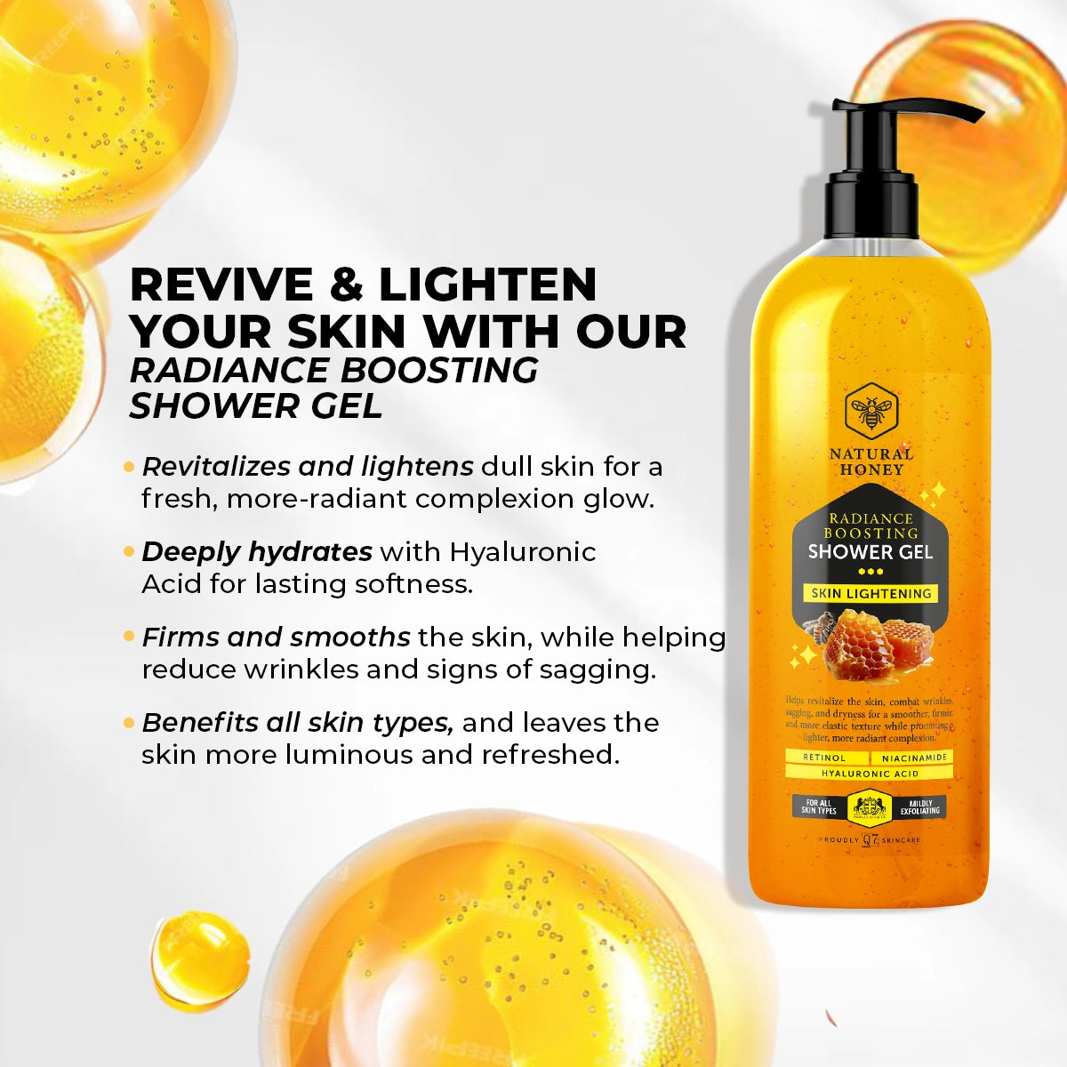 NATURAL HONEY Skin Lightening Radiance Boosting Shower Gel: with Retinol, Niacinamide, and Hyaluronic Acid – 1000ml