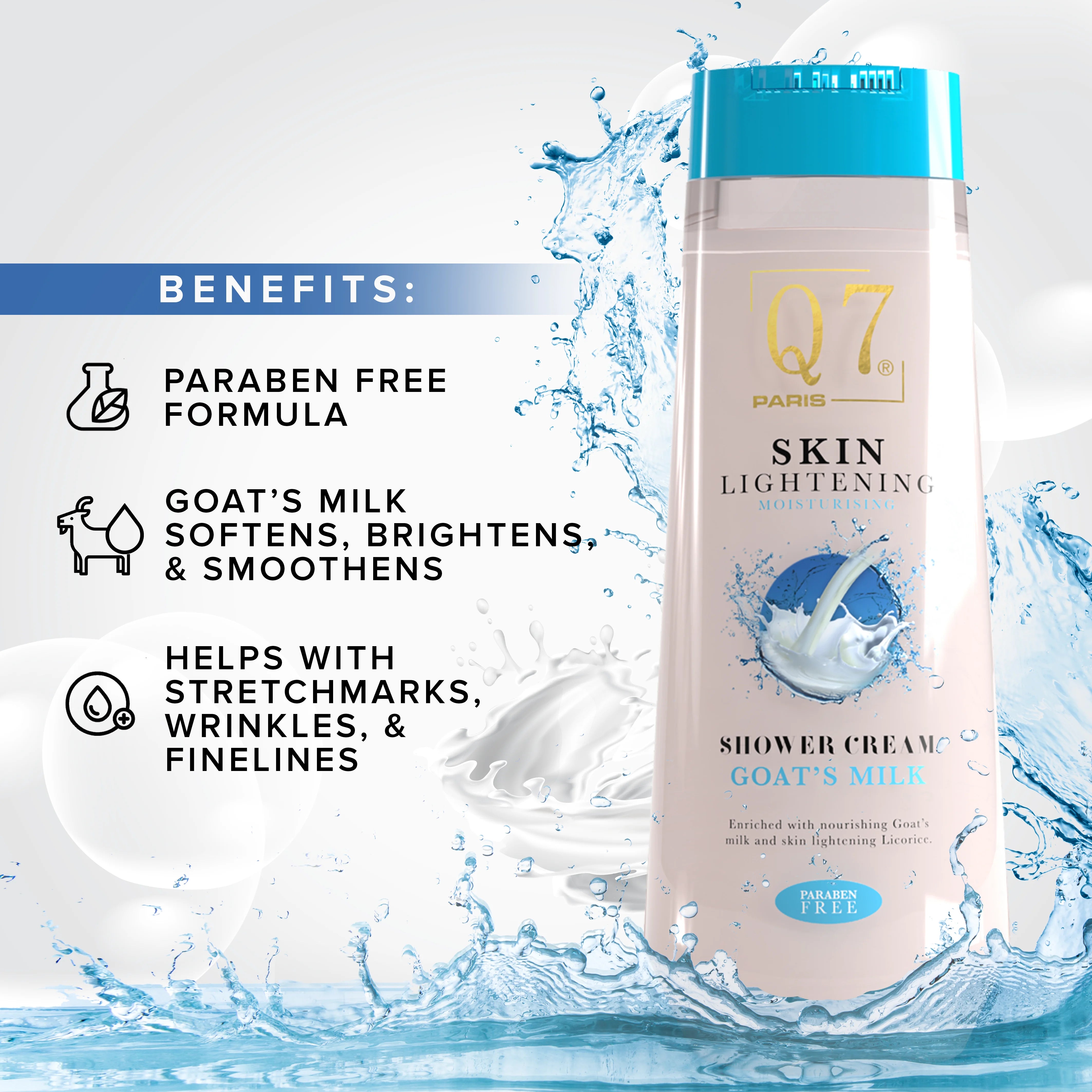 Q7Paris Skin Lightening Premium Shower Cream: with Goat's Milk and Licorice - 850ml