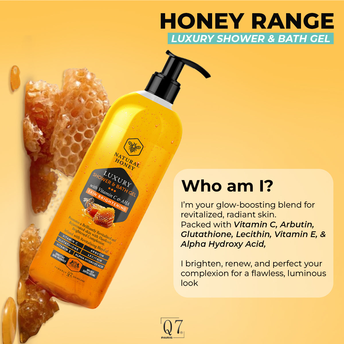 NATURAL HONEY  Vitamin C and AHA Skin  Brightening Luxury Shower and Bath Gel – 1000ml - Q7Paris Skincare